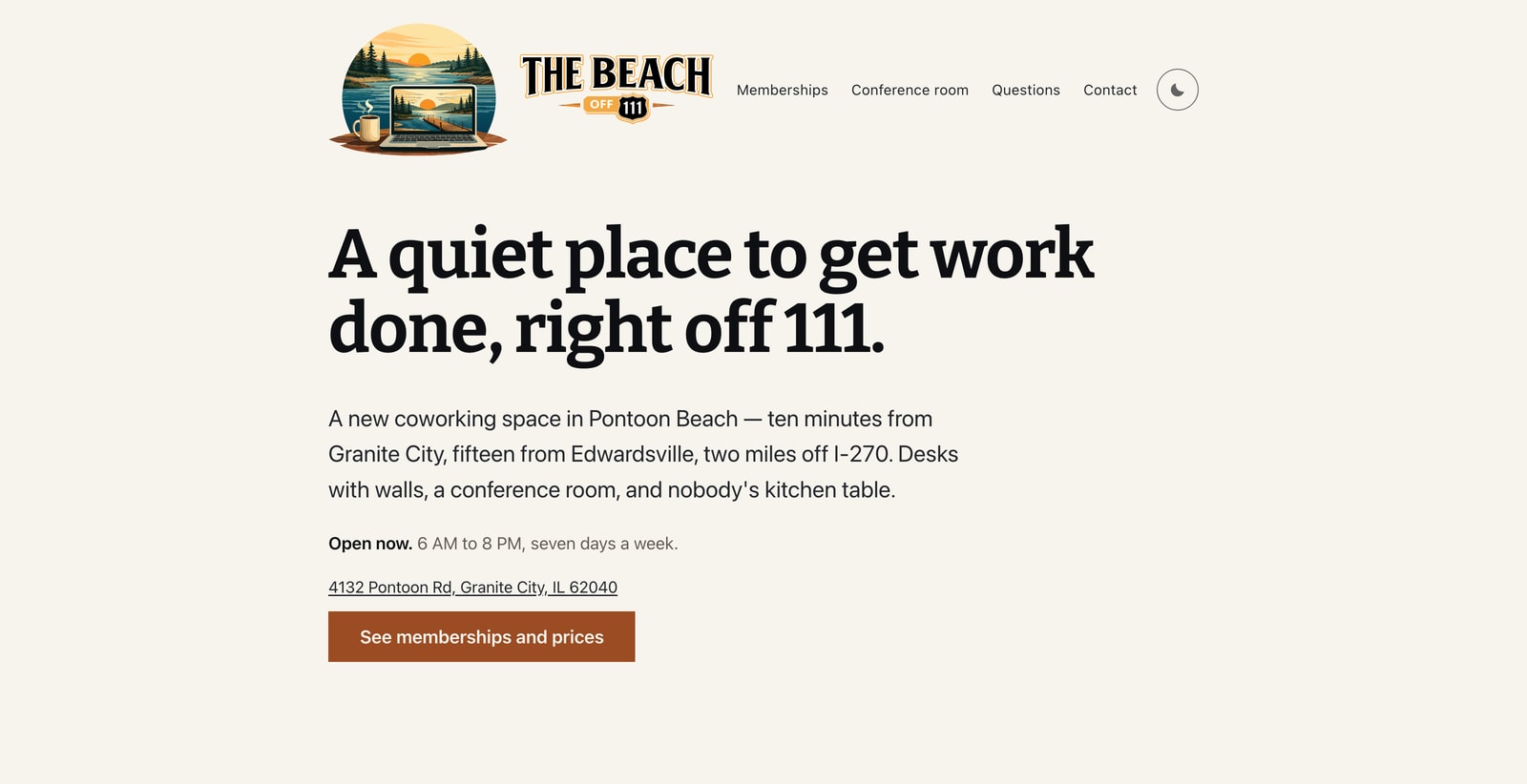 The Beach Off 111 website in its light theme, built by Rendered
