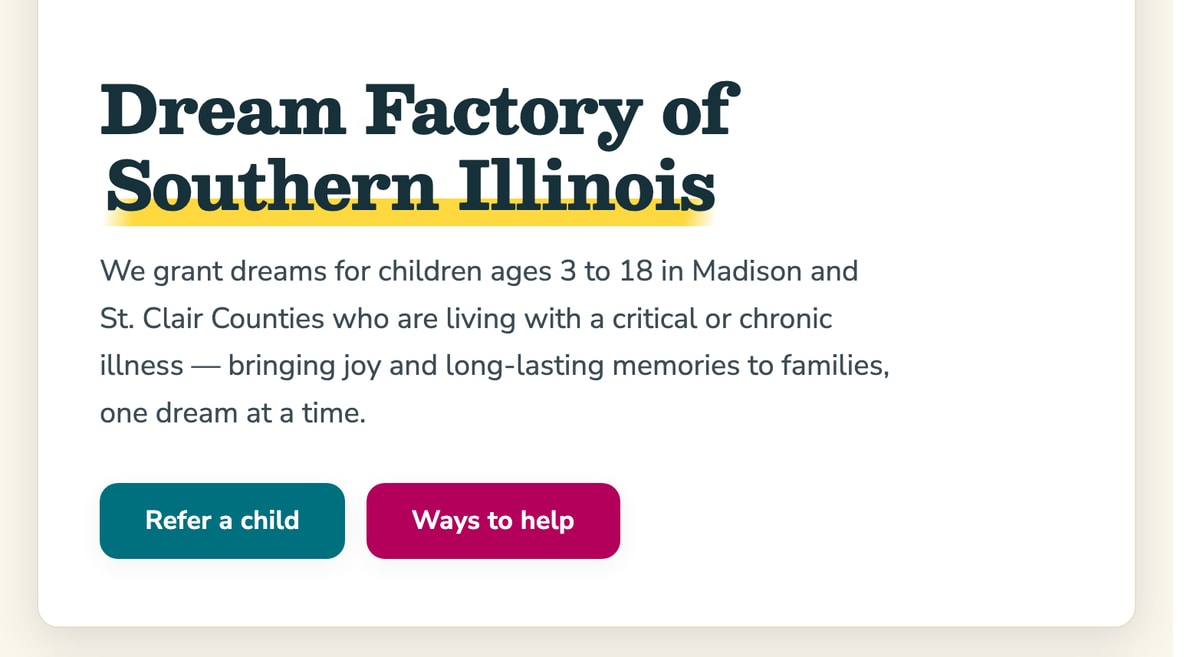 The Dream Factory of Southern Illinois chapter page, built by Rendered