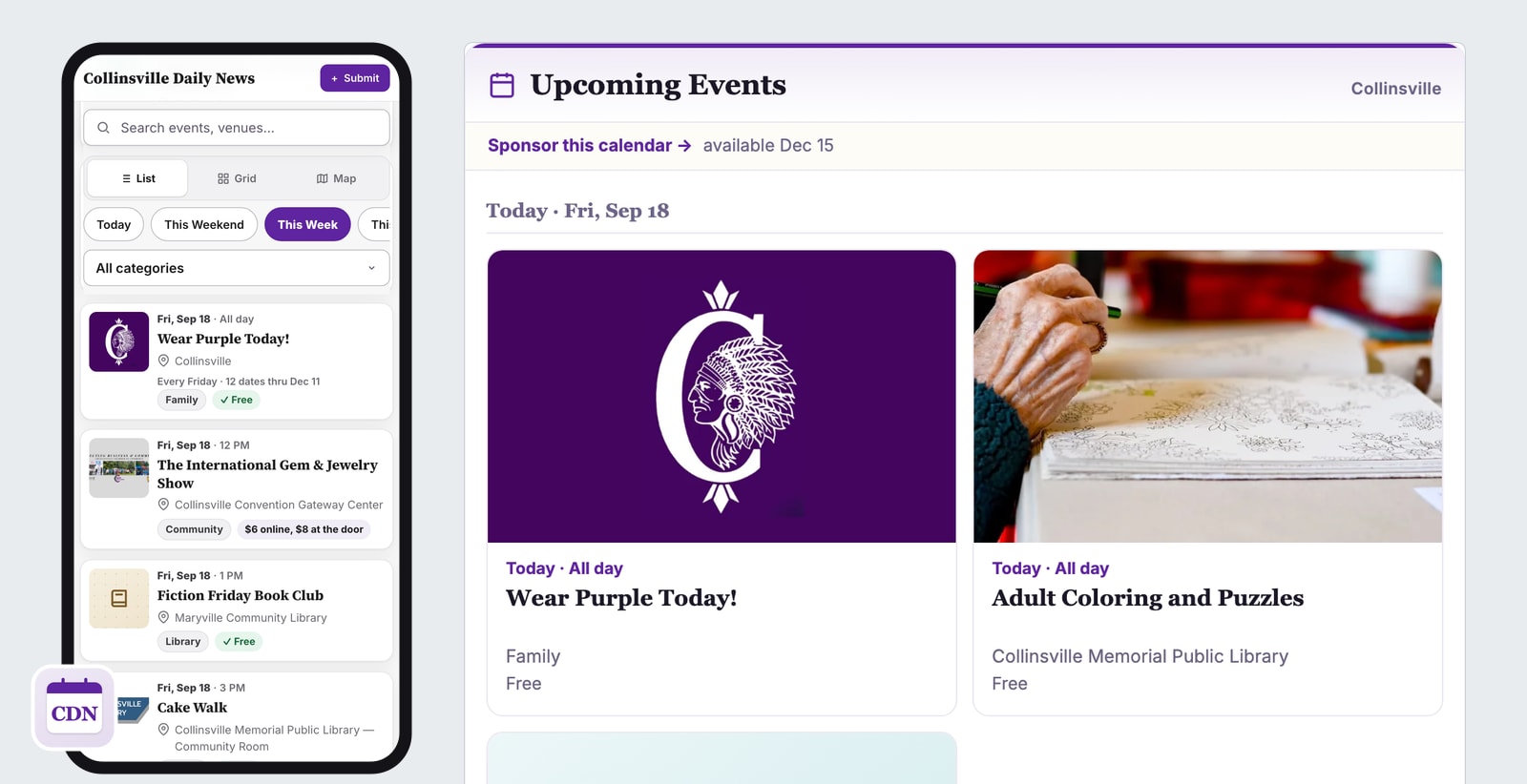 The Collinsville Daily News community calendar, installed on a phone beside the full calendar, built by Rendered
